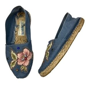 Biarritz French Artisan Shoes Floral Applique Bejeweled Fabric Jute Espadrilles